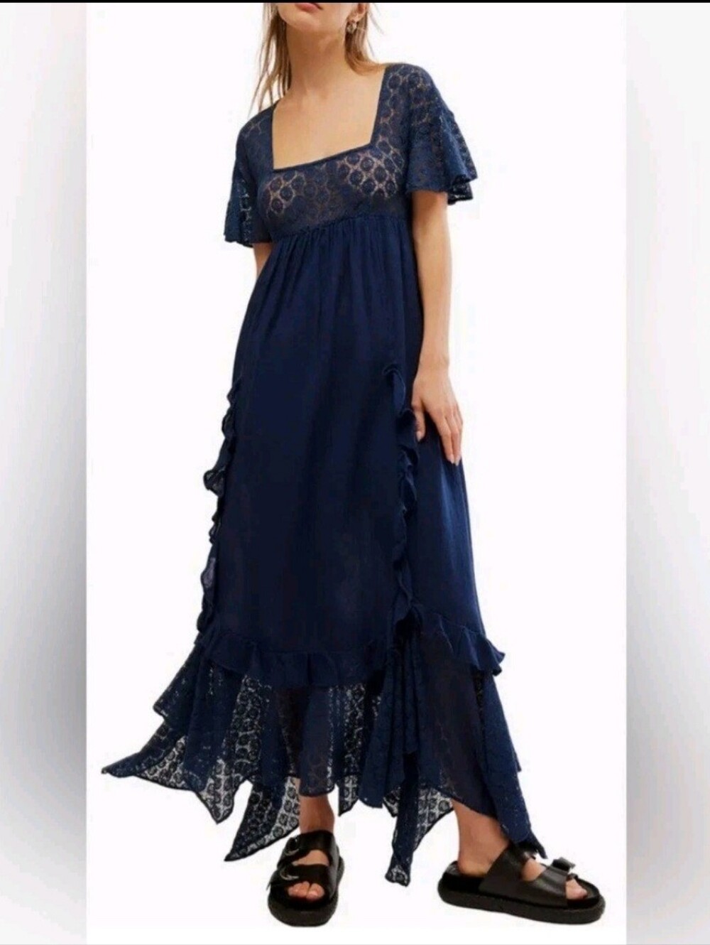 $148 NWOT Free People Bring the Romance Handkerchief Hem Maxi Dress Navy Sz M